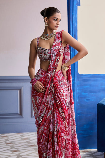 RED MIRROR WORK BLOUSE WITH PRINTED DHOTI SAREE SET