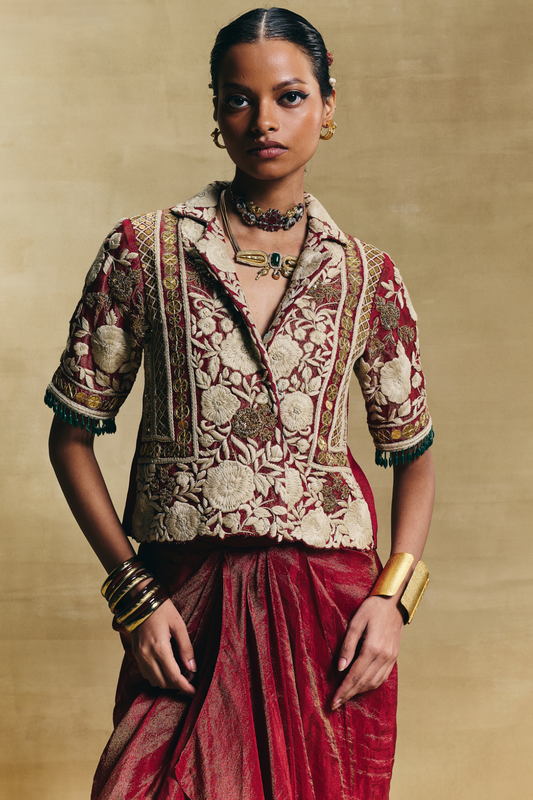 Red blazer with draped skirt