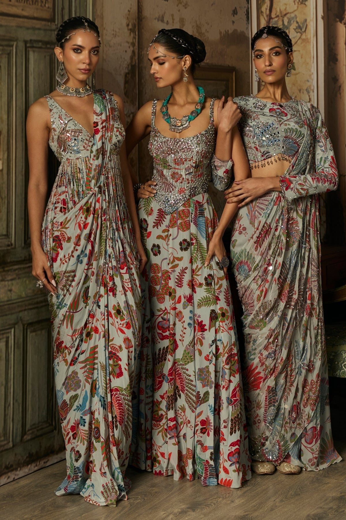 SLATE GREY PRINTED AND HIGHLIGHTED CORSET GOWN