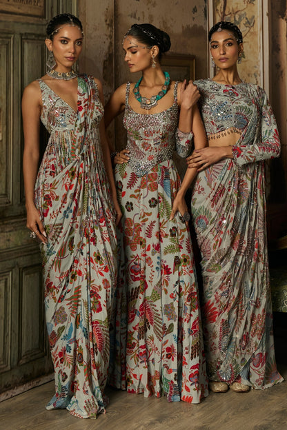 SLATE GREY PRINTED AND HIGHLIGHTED CORSET GOWN