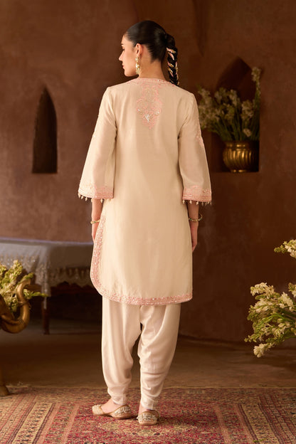 Nyra - Daisy Ivory With Pink Short Kurta And Dhoti