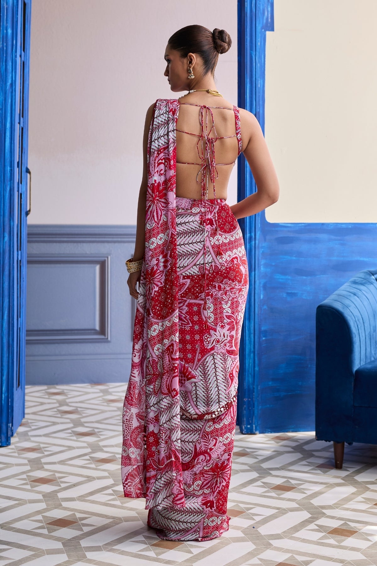 RED MIRROR WORK BLOUSE WITH PRINTED DHOTI SAREE SET