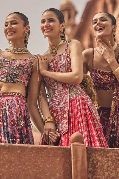 RED FLORAL SLIT KURTI WITH LEHENGA SET