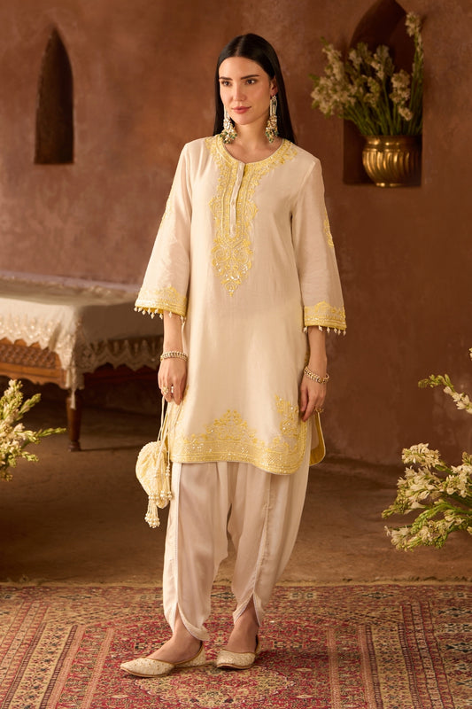 Nyra - Daisy Ivory With Lemon Yellow Short Kurta And Dhoti