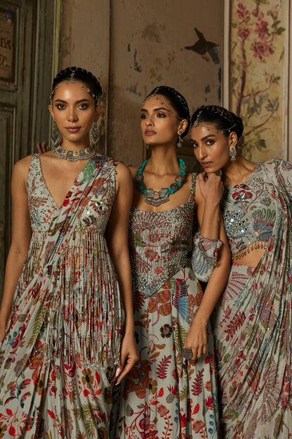 SLATE GREY PRINTED AND HIGHLIGHTED CORSET GOWN