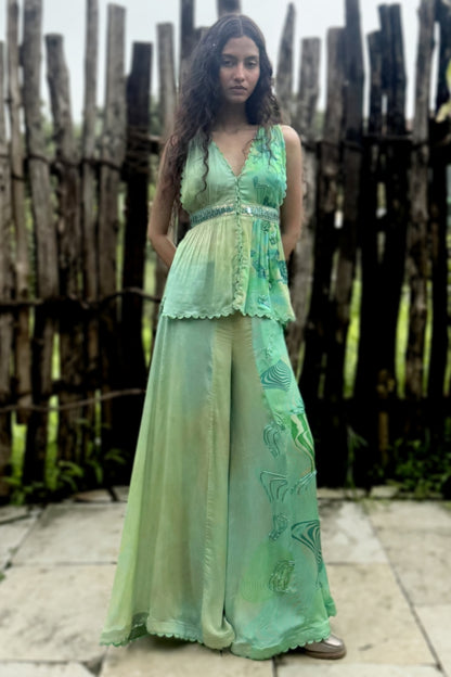 Aqua Green Chinon Chiffon Pant Set