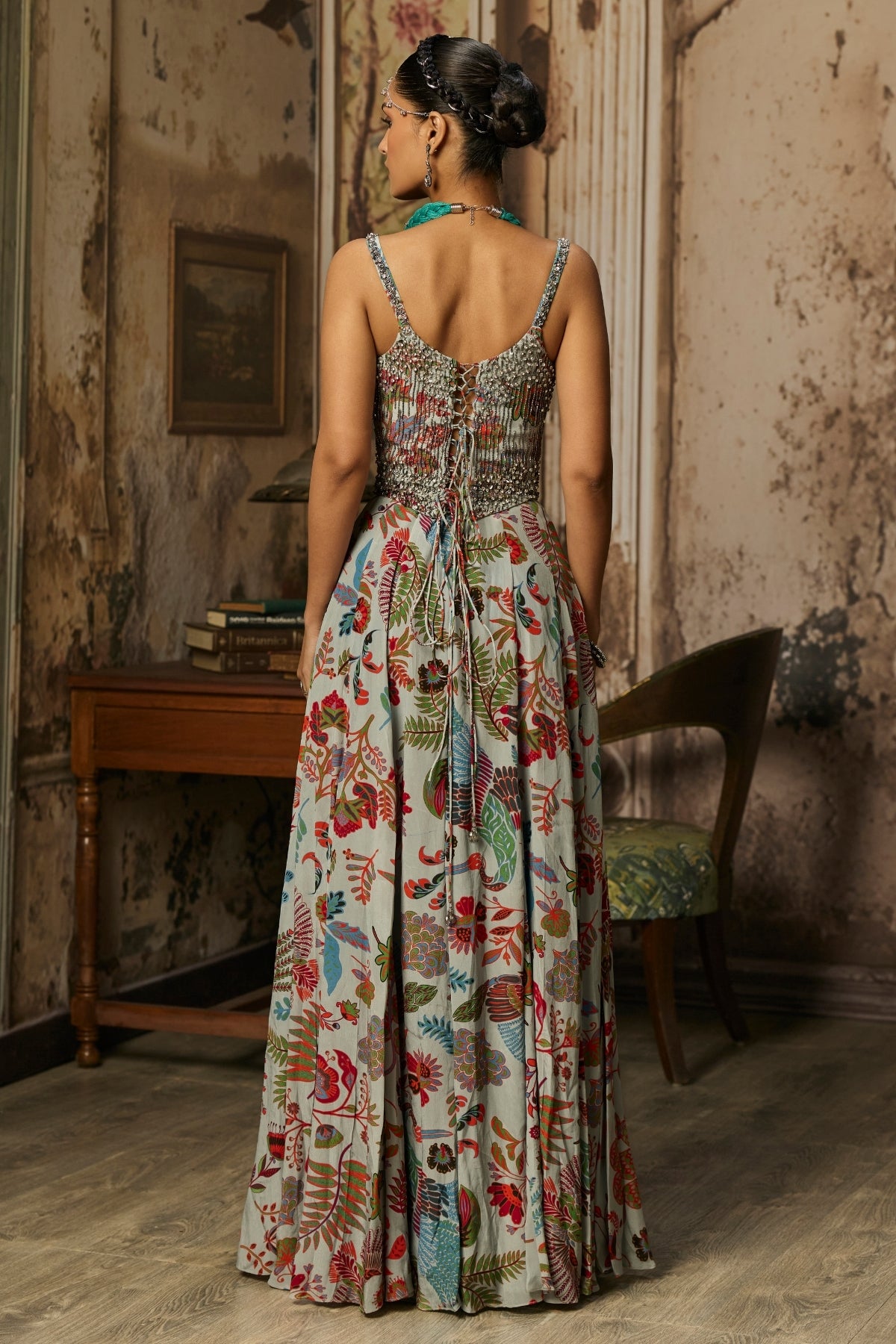 SLATE GREY PRINTED AND HIGHLIGHTED CORSET GOWN