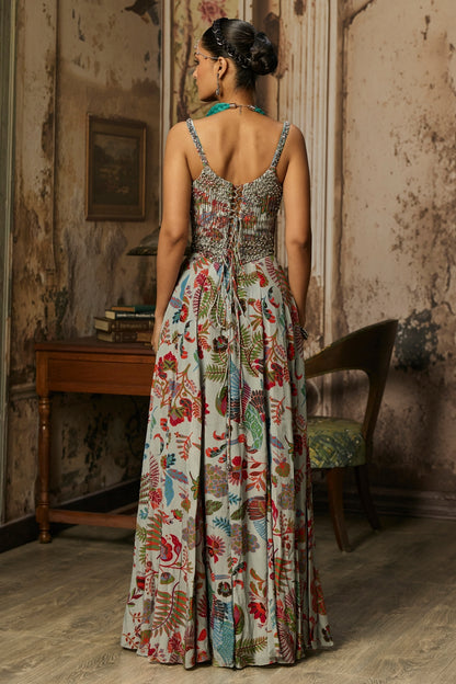 SLATE GREY PRINTED AND HIGHLIGHTED CORSET GOWN