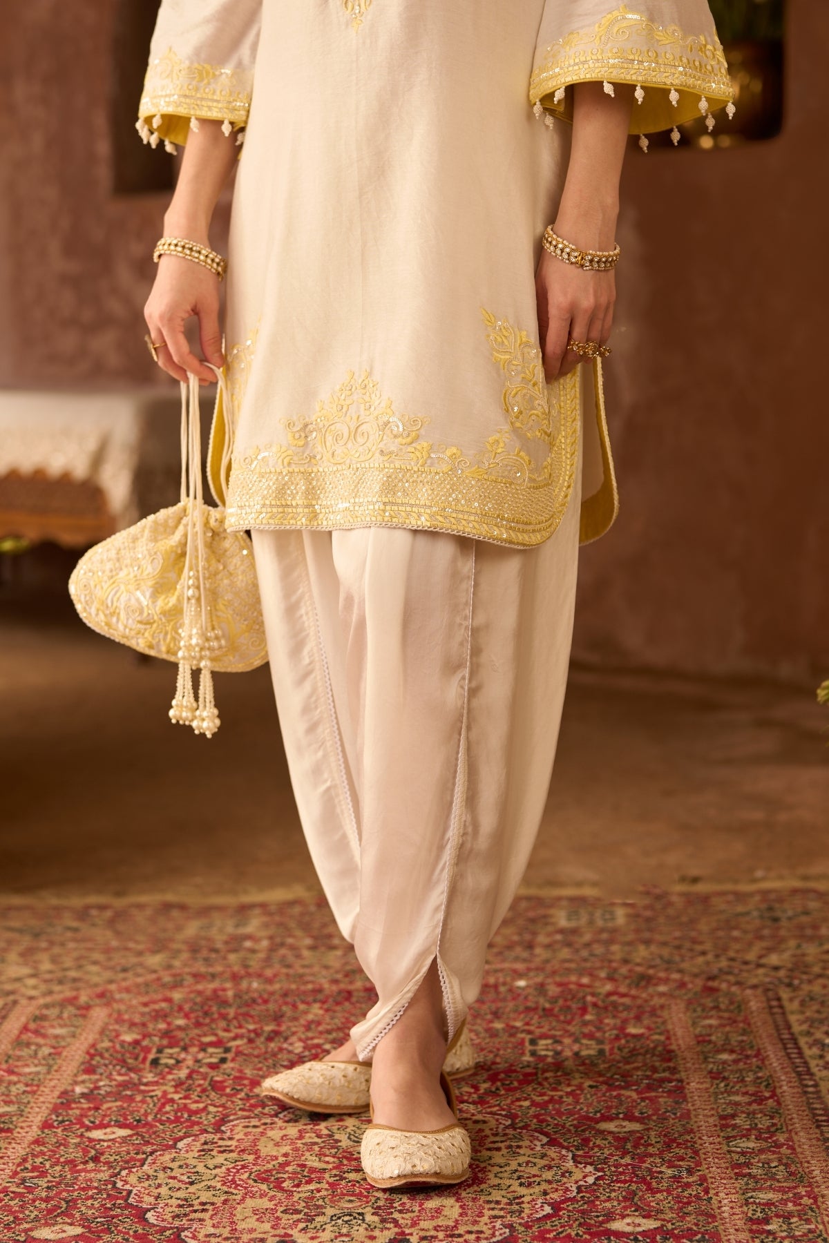 Nyra - Daisy Ivory With Lemon Yellow Short Kurta And Dhoti