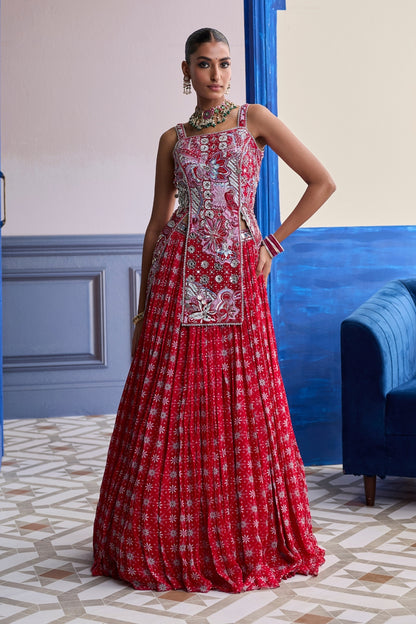 RED FLORAL SLIT KURTI WITH LEHENGA SET
