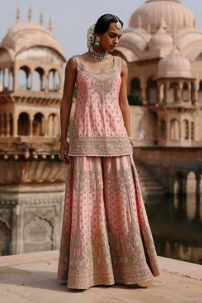 Tasnim - Pink Kurta Set with Sharara & Dupatta