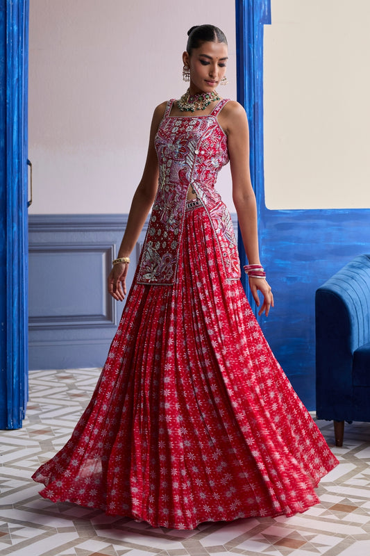 RED FLORAL SLIT KURTI WITH LEHENGA SET