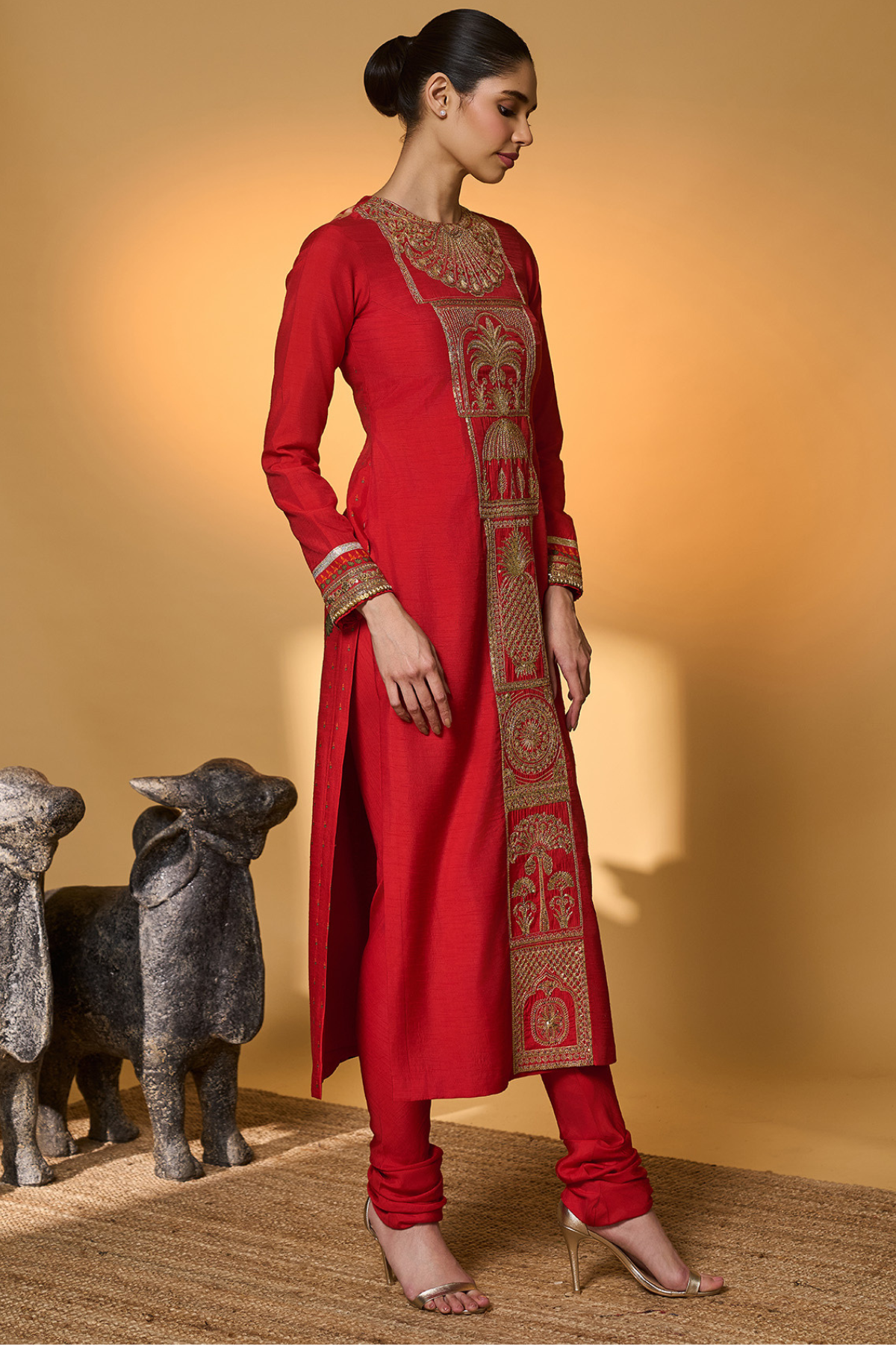 Red Khidki Kurta Set