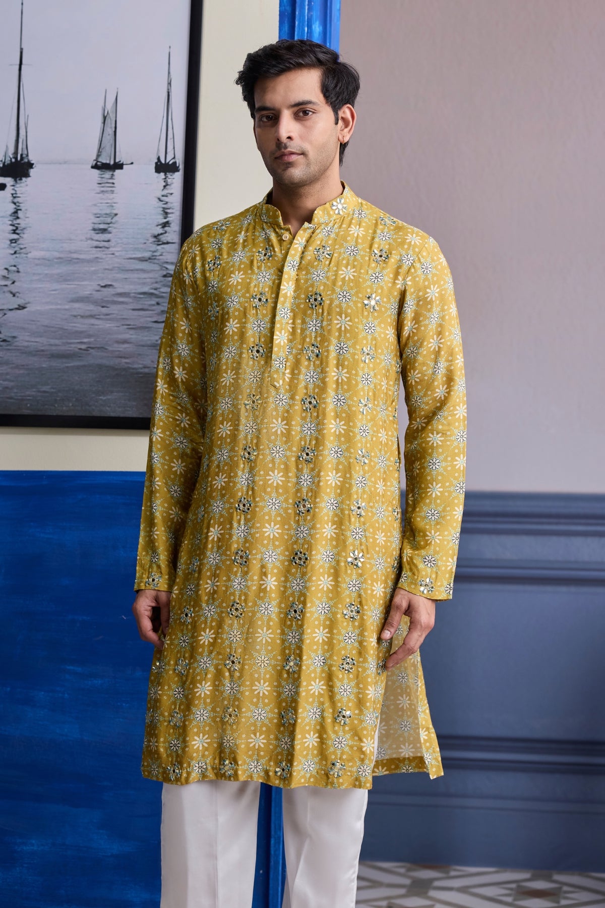 YELLOW BUTTA PRINT HIGHLIGHTED KURTA WITH IVORY PANTS