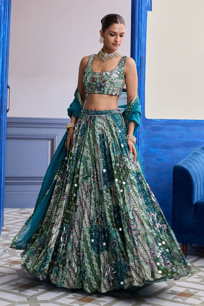 GREEN FLORAL BLOUSE WITH HIGHLIGHTED LEHENGA & EMBROIDERED DUPATTA SET