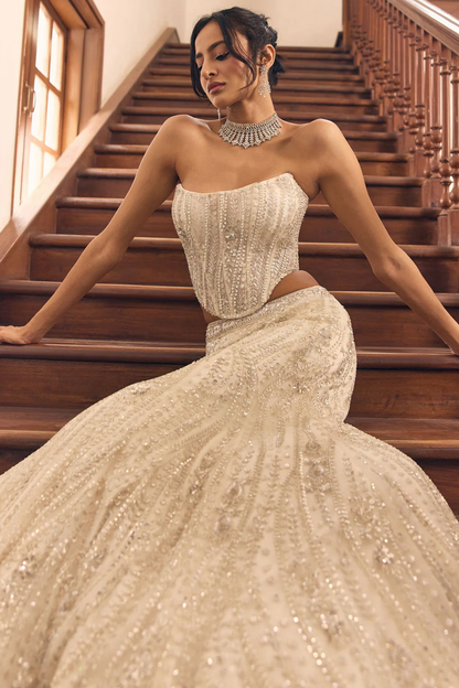 SILVER FULLY EMBELLISHED MERMAID LEHENGA TRAIL SET