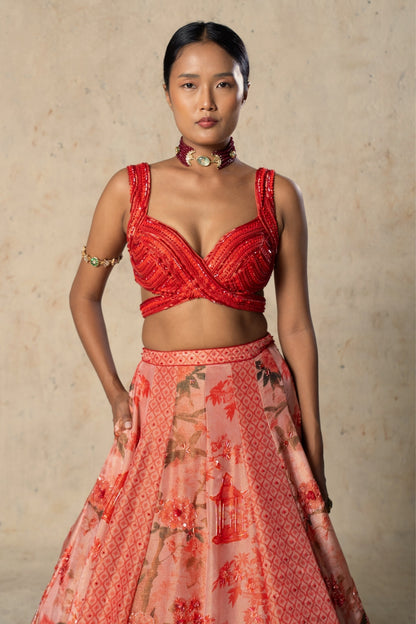 Printed red tissue Lehenga Set