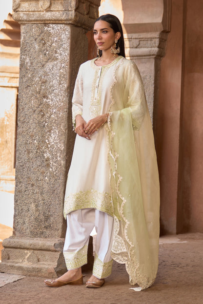 Anam - Daisy Ivory With Mint Green A-line Kurta With Salwar And Dupatta