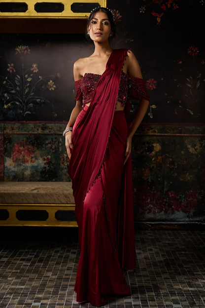 Maroon Embellished Sharara Saree Set