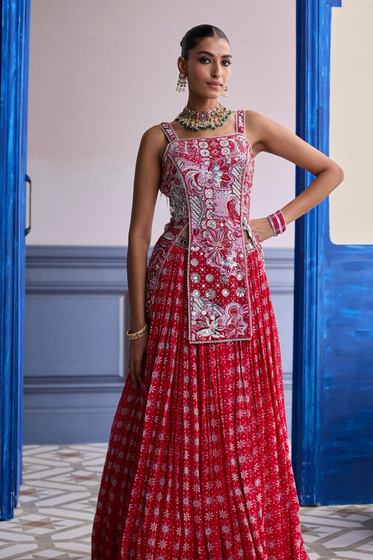 RED FLORAL SLIT KURTI WITH LEHENGA SET
