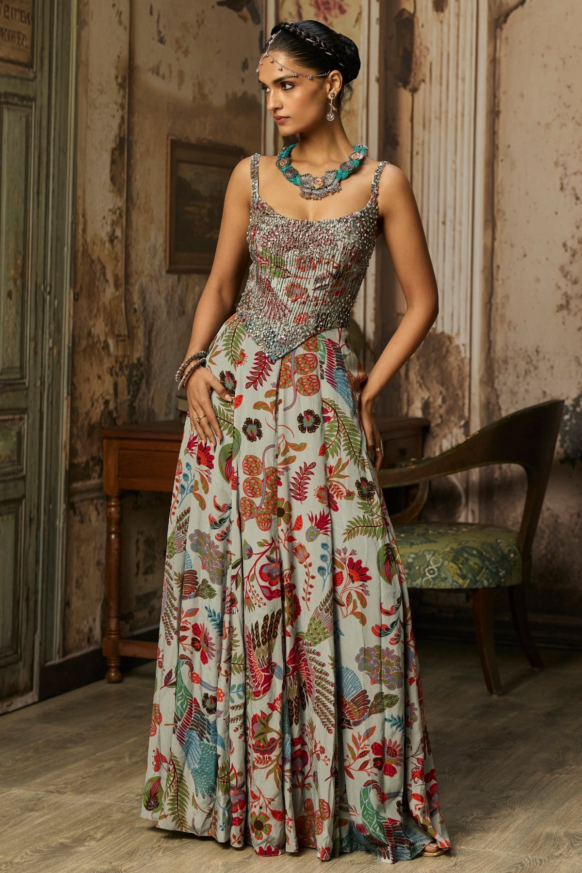 SLATE GREY PRINTED AND HIGHLIGHTED CORSET GOWN