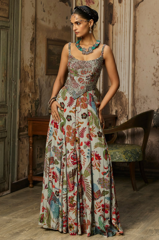 SLATE GREY PRINTED AND HIGHLIGHTED CORSET GOWN