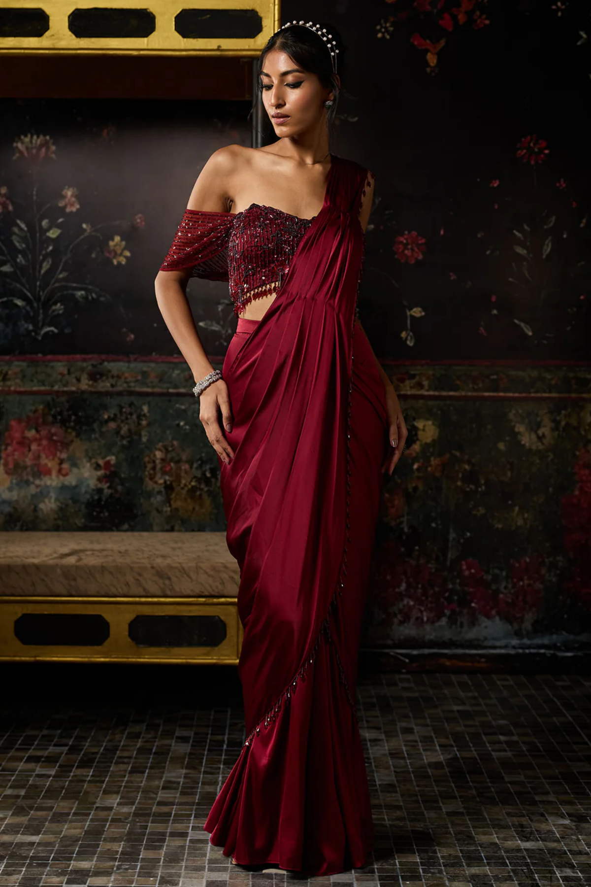 Maroon Embellished Sharara Saree Set