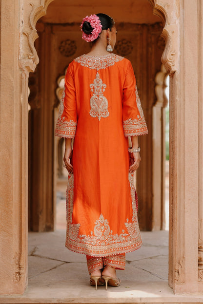 Umaira - Burnt Orange Long Kurta Set with Salwar & Dupatta