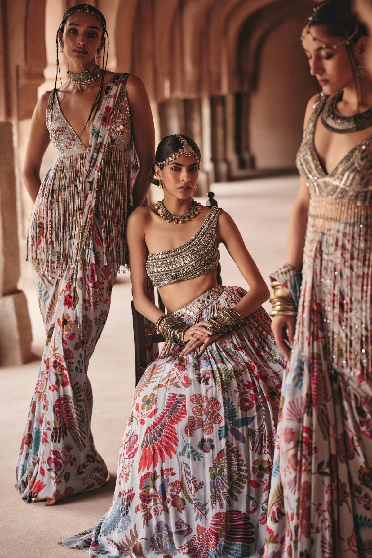 SLATE GREY EMBROIDERED BLOUSE WITH PRINTED LEHENGA SET