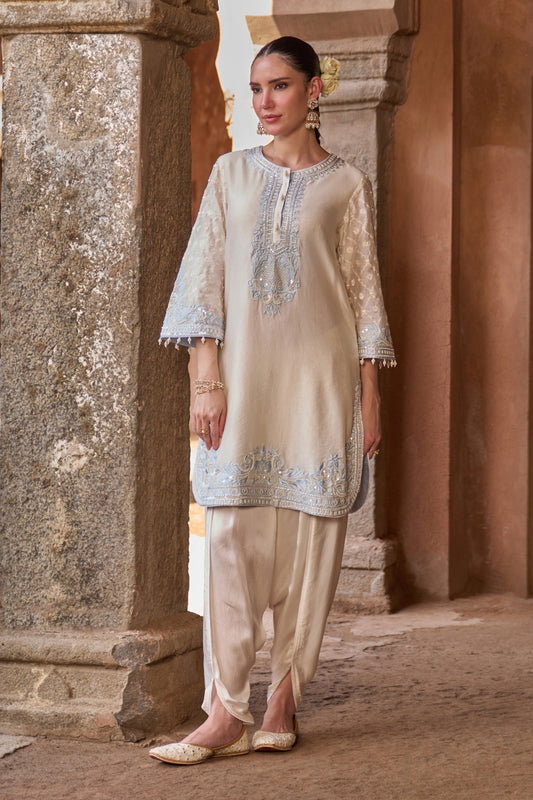 Ruhi - Daisy Ivory With Blue Short Kurta And Dhoti