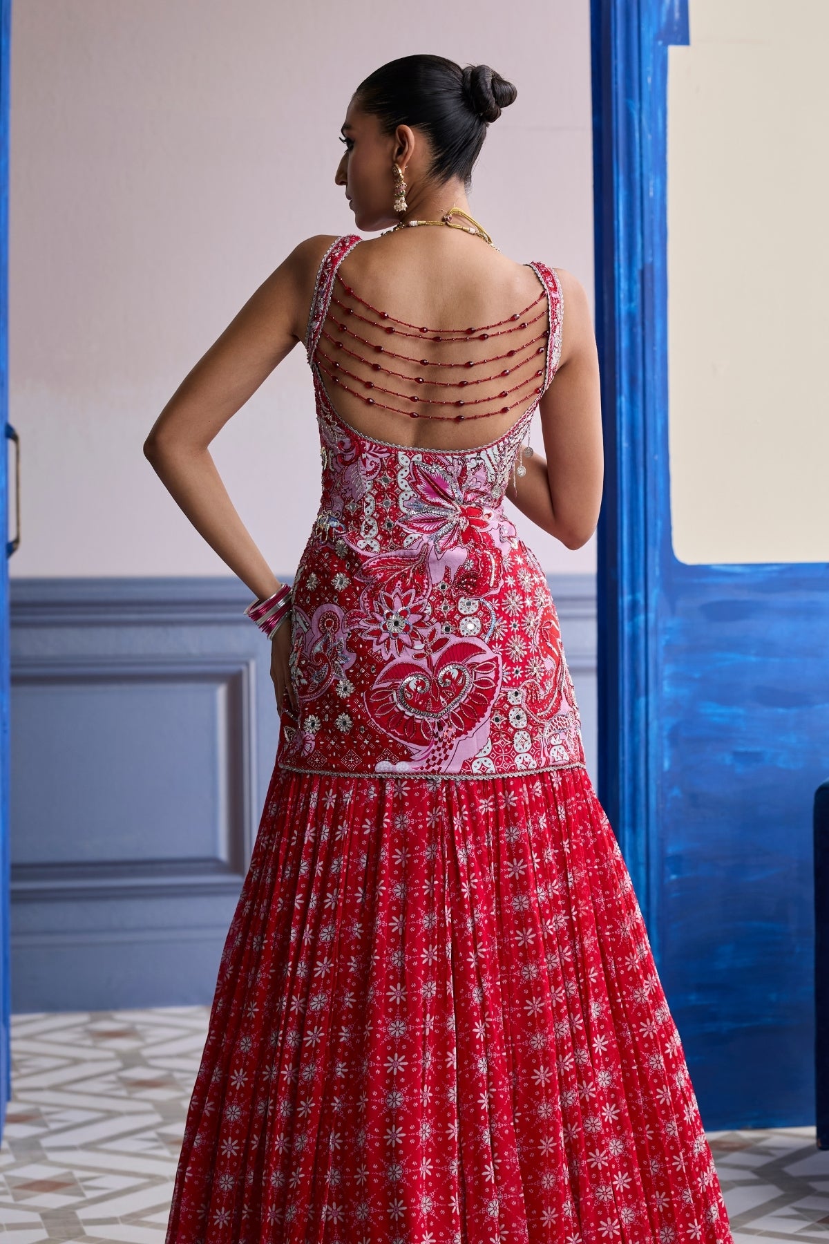 RED FLORAL SLIT KURTI WITH LEHENGA SET