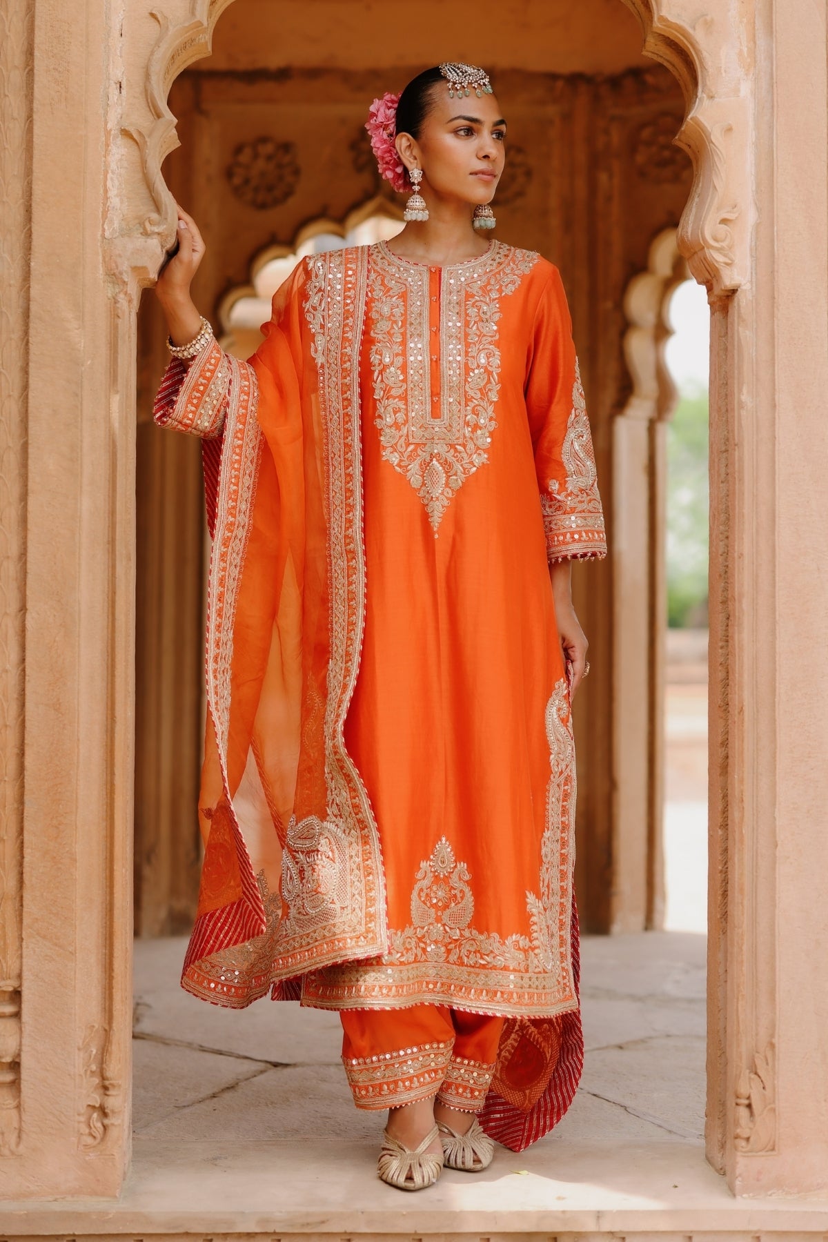 Umaira - Burnt Orange Long Kurta Set with Salwar & Dupatta