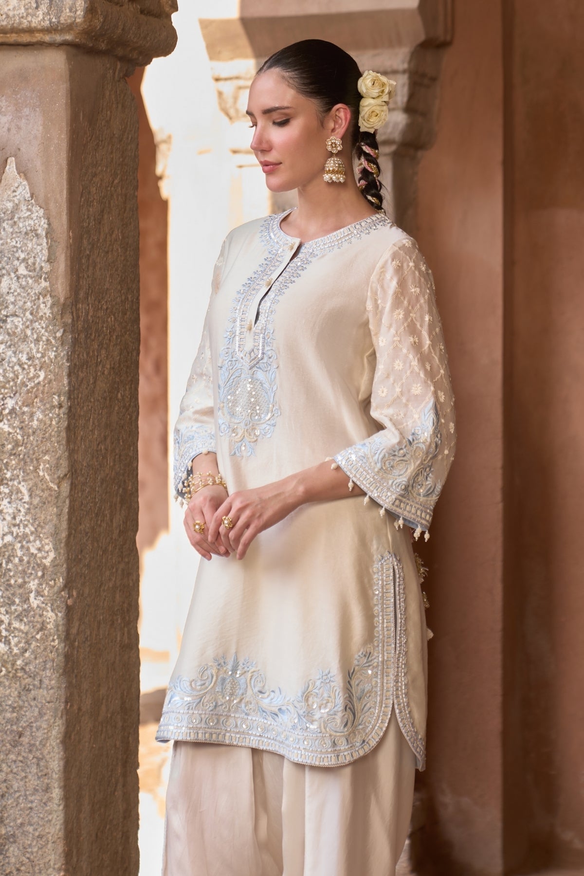 Ruhi - Daisy Ivory With Blue Short Kurta And Dhoti