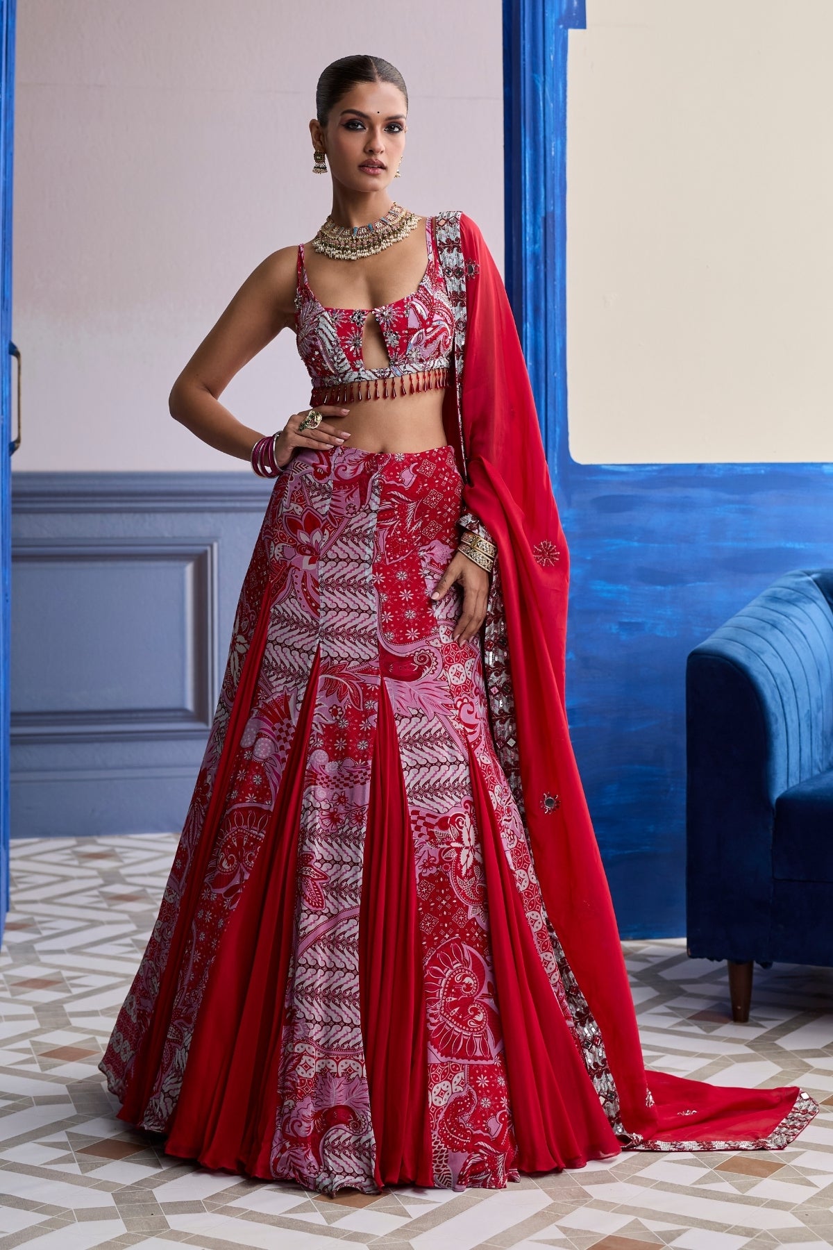 RED FLORAL BLOUSE WITH GODET SKIRT & EMBROIDERED DUPATTA SET