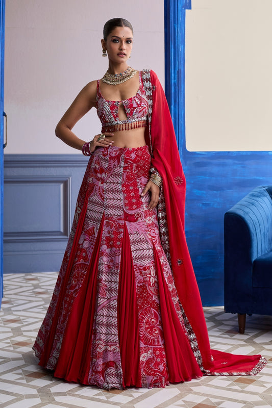 RED FLORAL BLOUSE WITH GODET SKIRT & EMBROIDERED DUPATTA SET