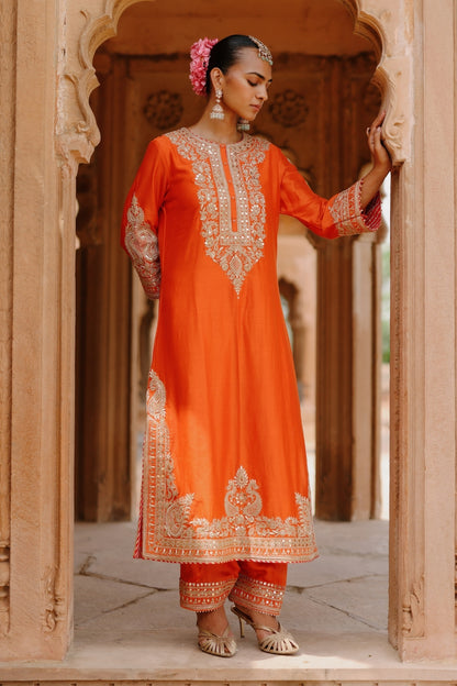 Umaira - Burnt Orange Long Kurta Set with Salwar & Dupatta