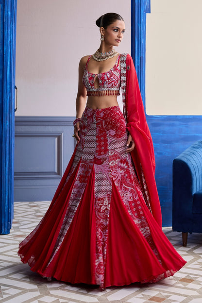 RED FLORAL BLOUSE WITH GODET SKIRT & EMBROIDERED DUPATTA SET