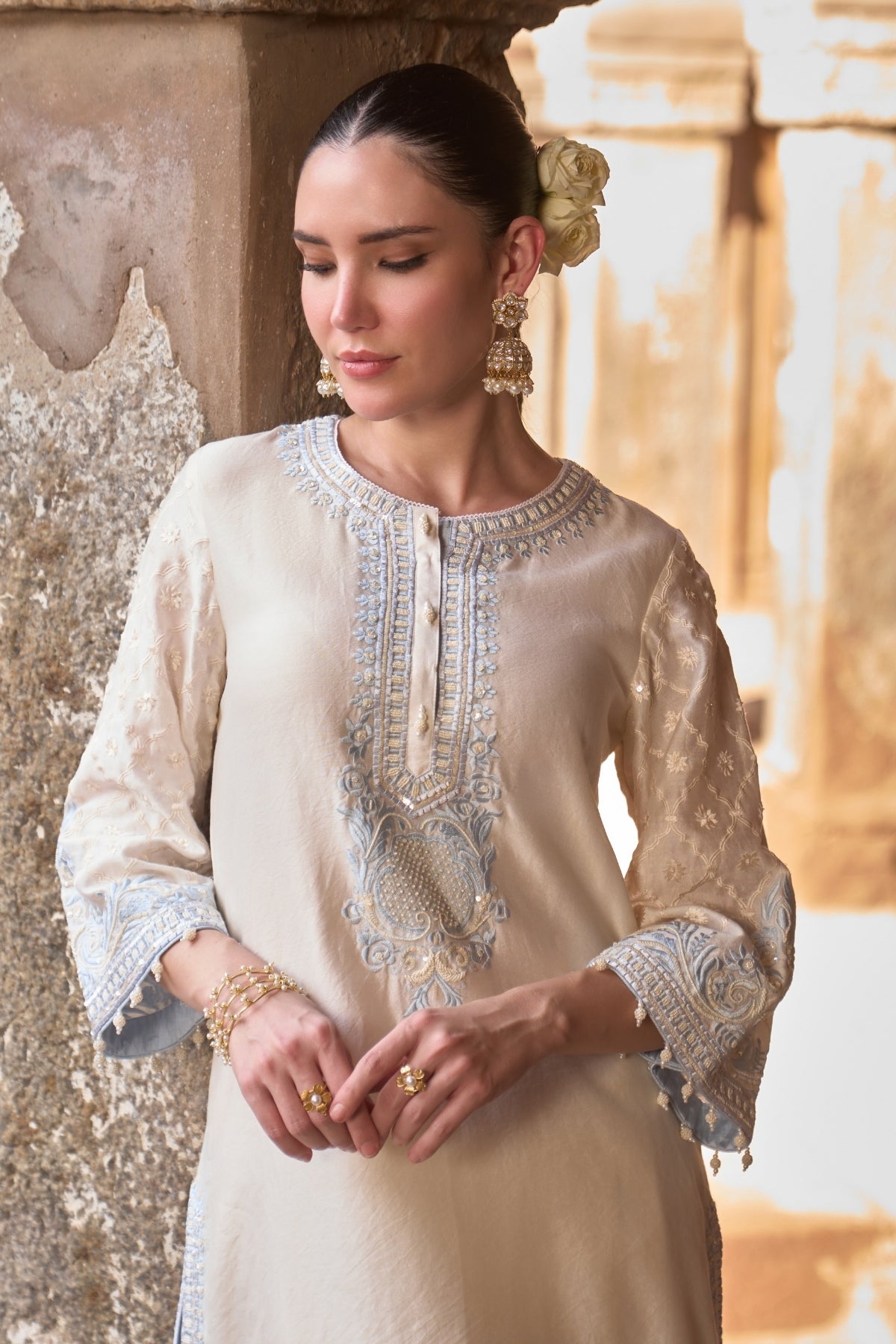 Ruhi - Daisy Ivory With Blue Short Kurta And Dhoti