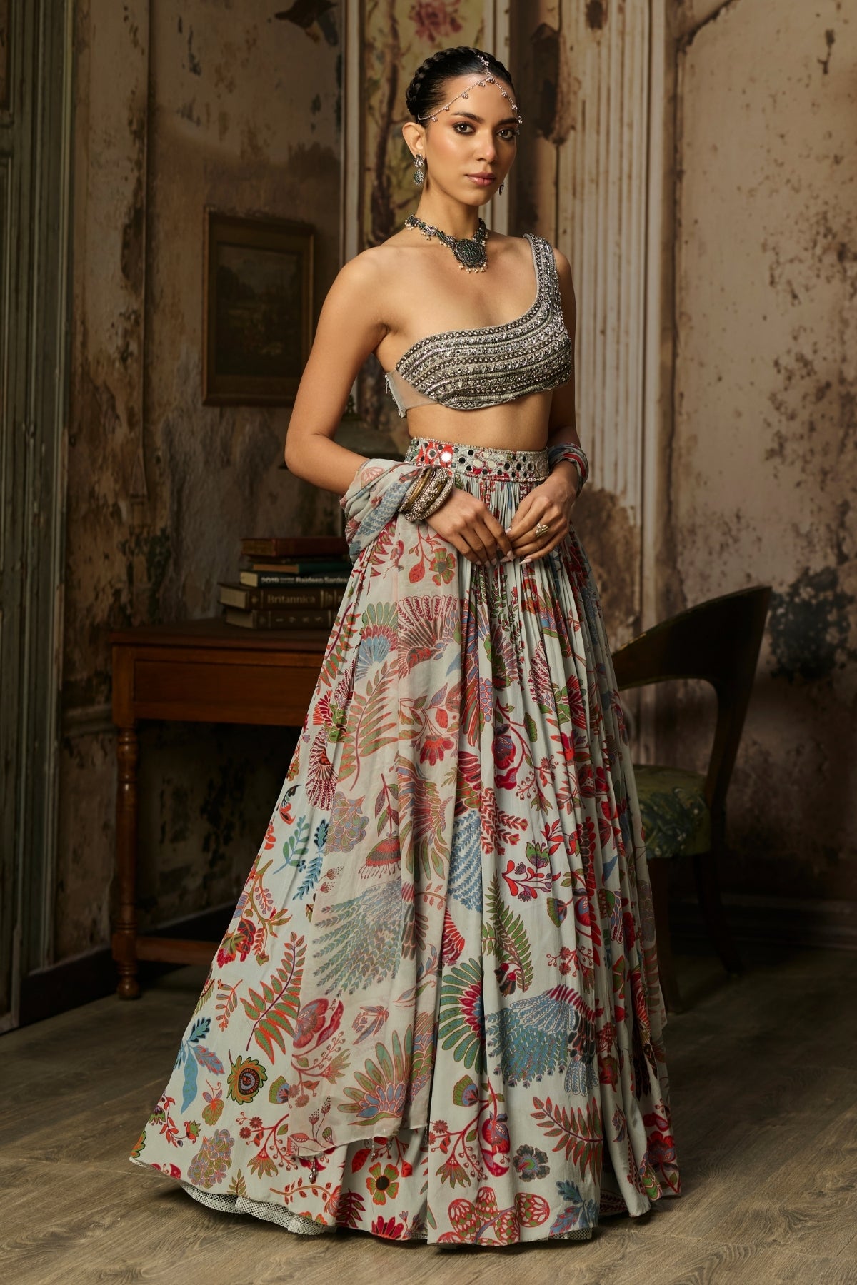 SLATE GREY EMBROIDERED BLOUSE WITH PRINTED LEHENGA SET