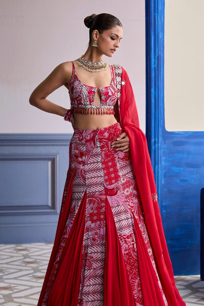 RED FLORAL BLOUSE WITH GODET SKIRT & EMBROIDERED DUPATTA SET