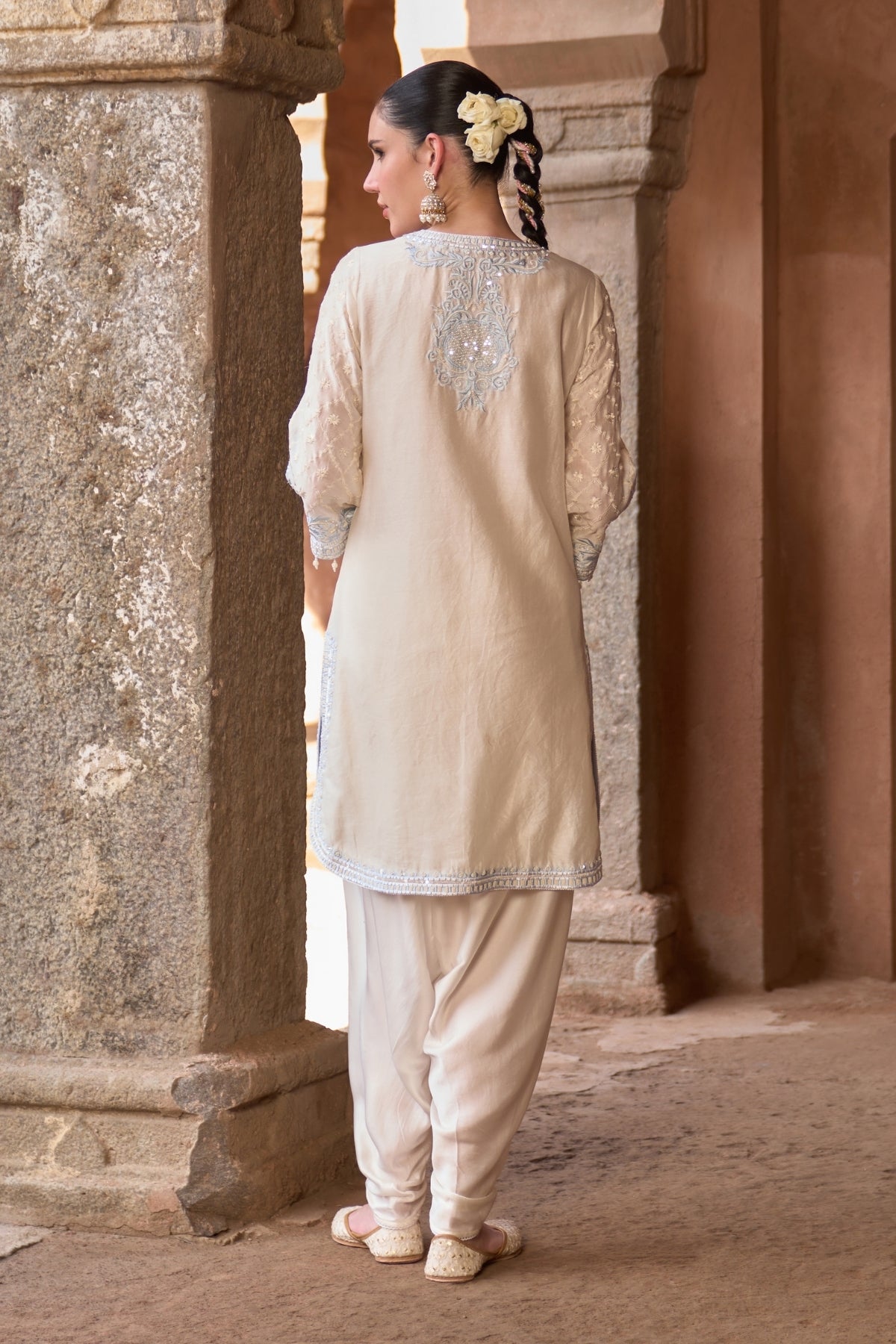 Ruhi - Daisy Ivory With Blue Short Kurta And Dhoti