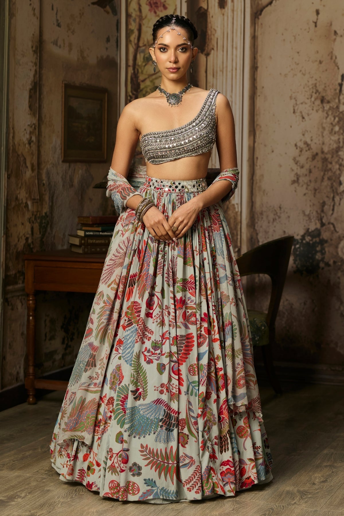 SLATE GREY EMBROIDERED BLOUSE WITH PRINTED LEHENGA SET