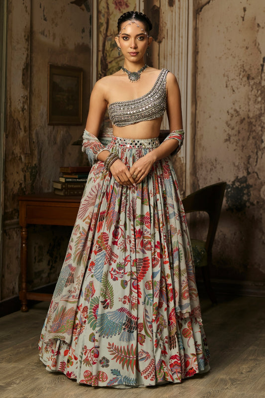 SLATE GREY EMBROIDERED BLOUSE WITH PRINTED LEHENGA SET