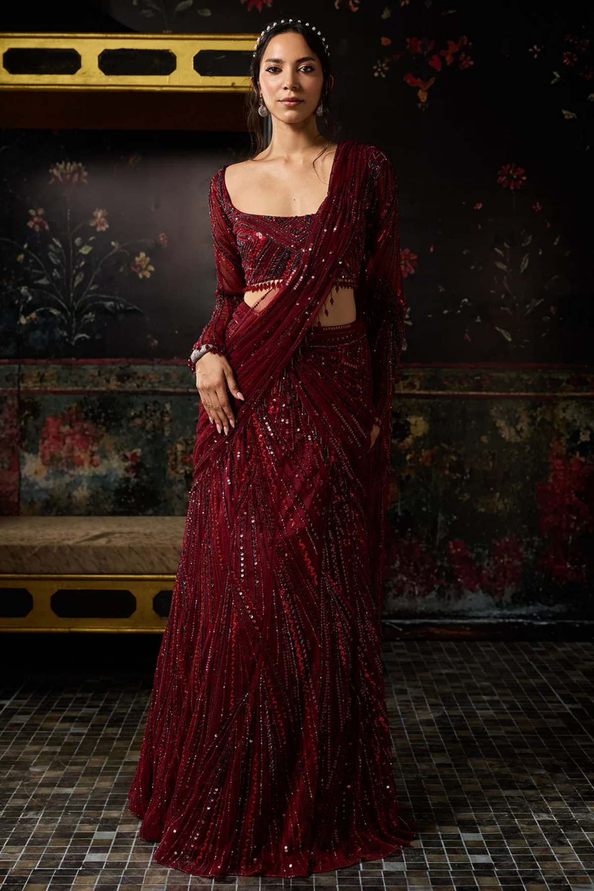 MAROON EMBELLISHED MERMAID SKIRT SAREE SET