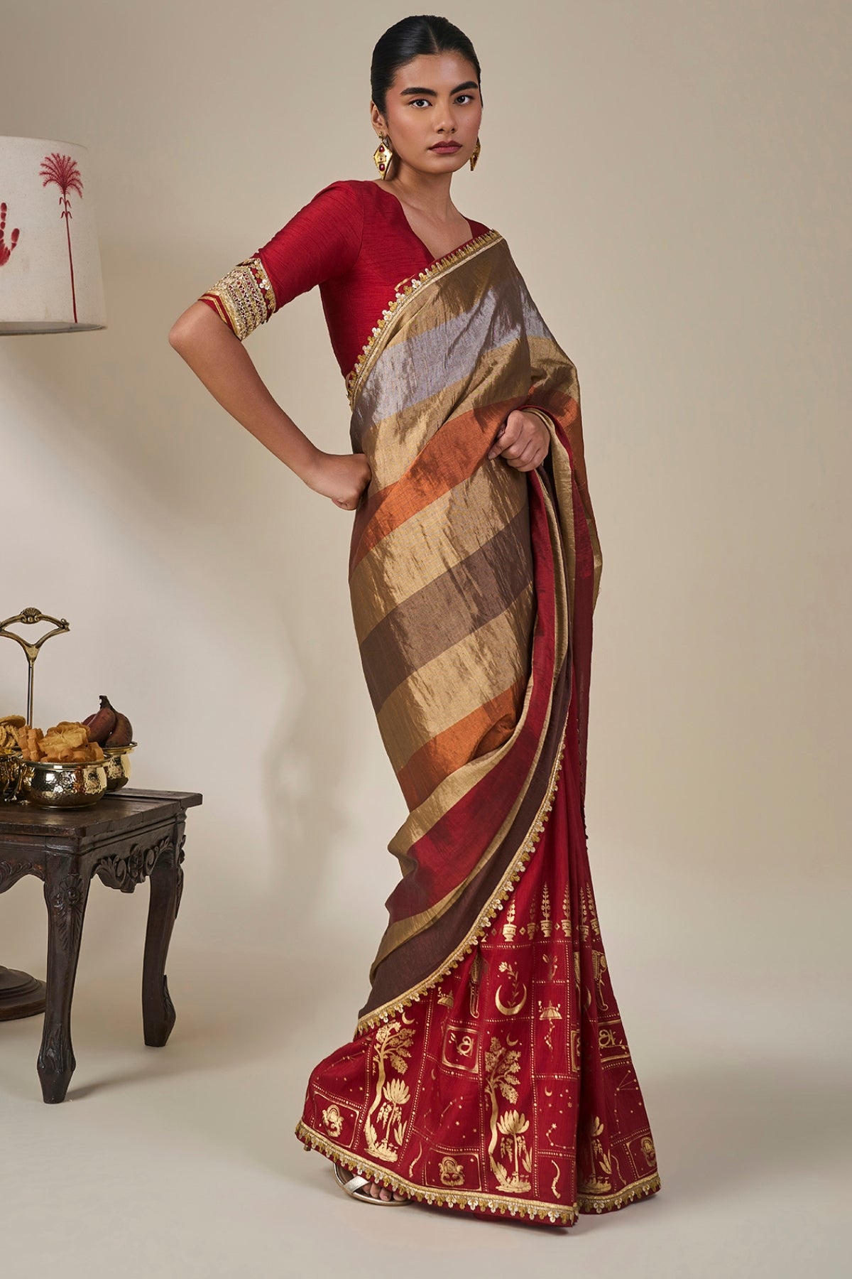 Red Tropical Stardust Saree