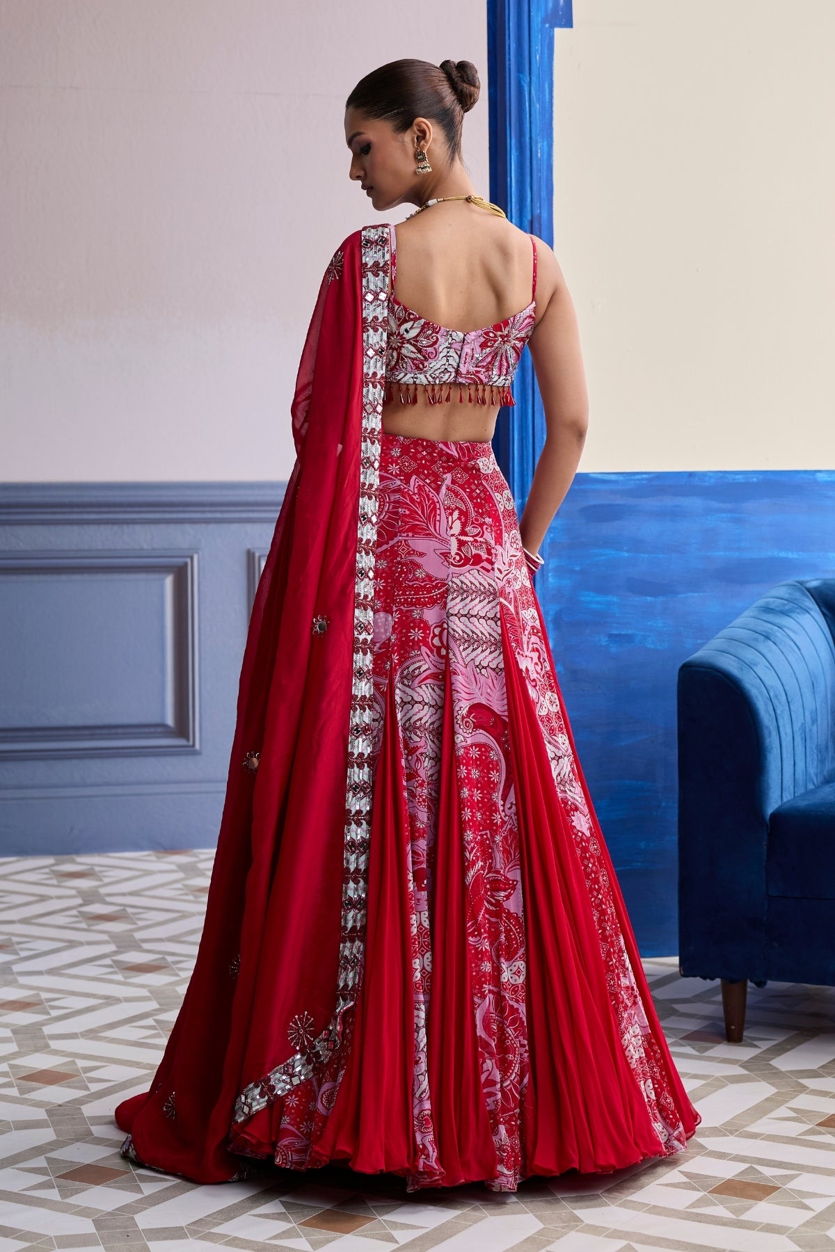 RED FLORAL BLOUSE WITH GODET SKIRT & EMBROIDERED DUPATTA SET