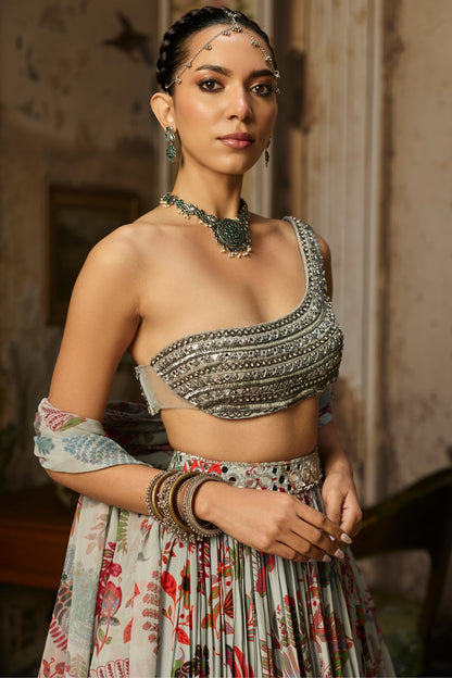 SLATE GREY EMBROIDERED BLOUSE WITH PRINTED LEHENGA SET
