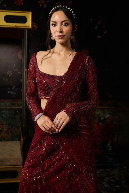 MAROON EMBELLISHED MERMAID SKIRT SAREE SET
