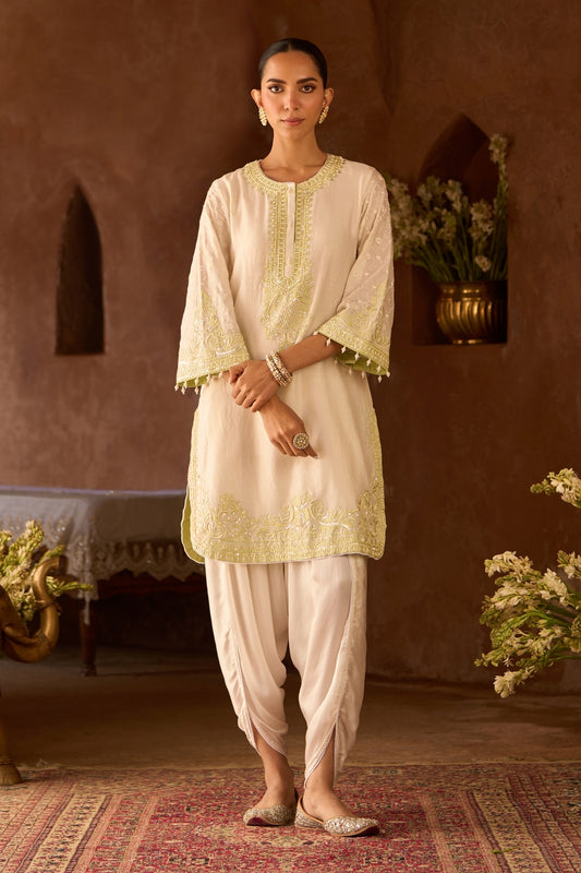 Ruhi - Daisy Ivory With Mint Green Short Kurta And Dhoti