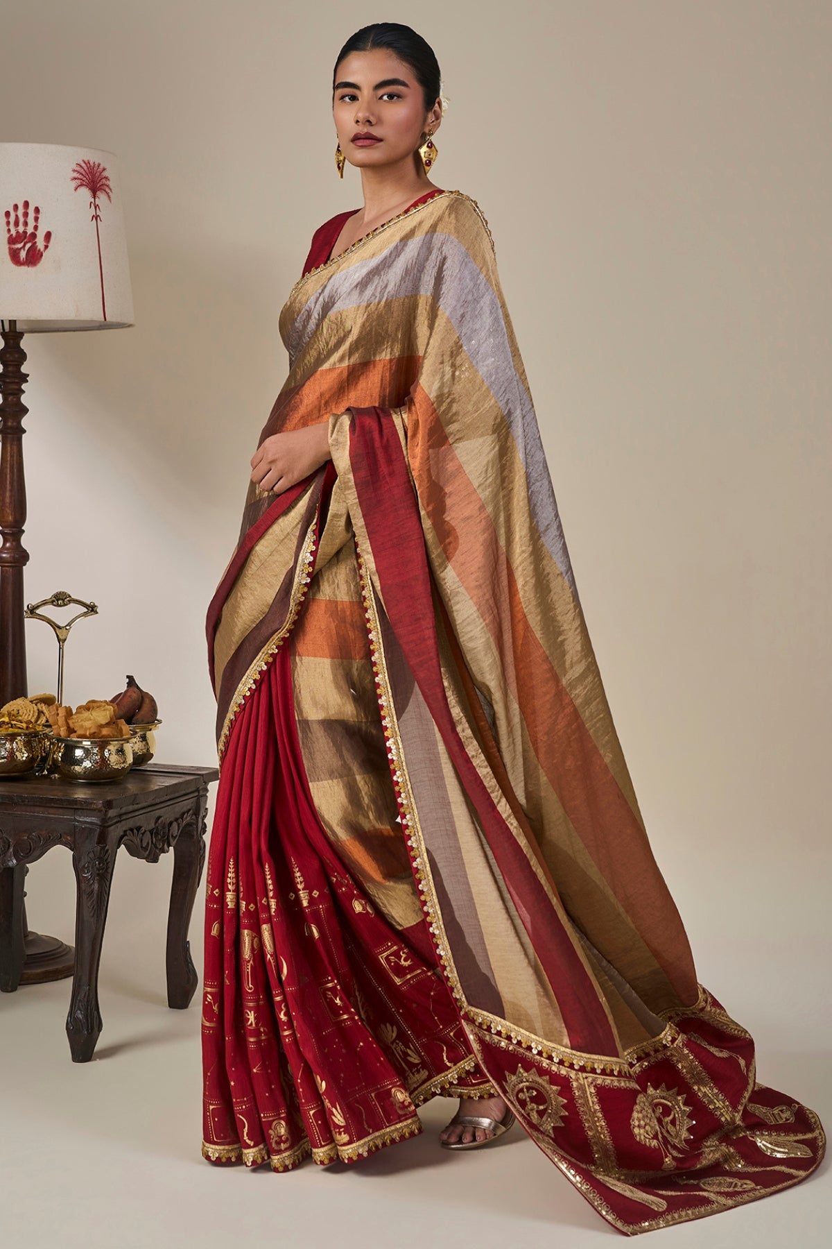 Red Tropical Stardust Saree